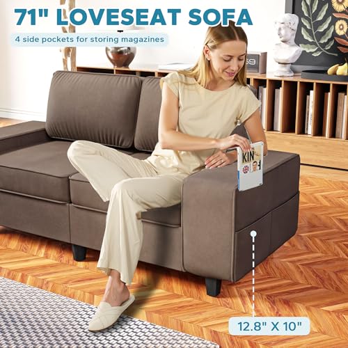 71" Small Loveseat Couch, 2 Seater Leathaire Sofa with 4 Side Pockets, Removable and Washable Cushions, Living Room，Apartment, Office (Coffee) - color: Coffee Leathaire, size: 71 "