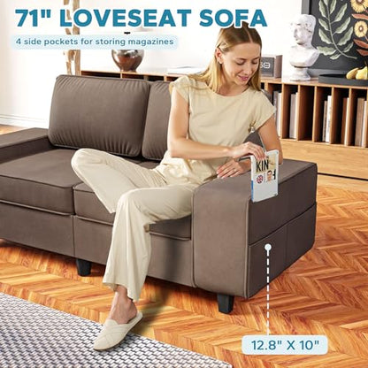 71" Small Loveseat Couch, 2 Seater Leathaire Sofa with 4 Side Pockets, Removable and Washable Cushions, Living Room，Apartment, Office (Coffee) - color: Coffee Leathaire, size: 71 "