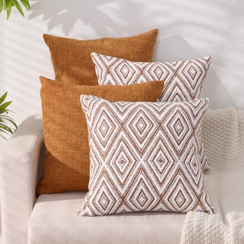 HPUK Throw Pillow Covers 18x18, Set of 4, Golden Brown Couch Pillow Covers | Polyester fabric, patterned and solid designs, hidden zippers, machine washable, for sofas and beds, inserts not included - color: Golden Brown, size: 18" x 18" (Pack of 4)