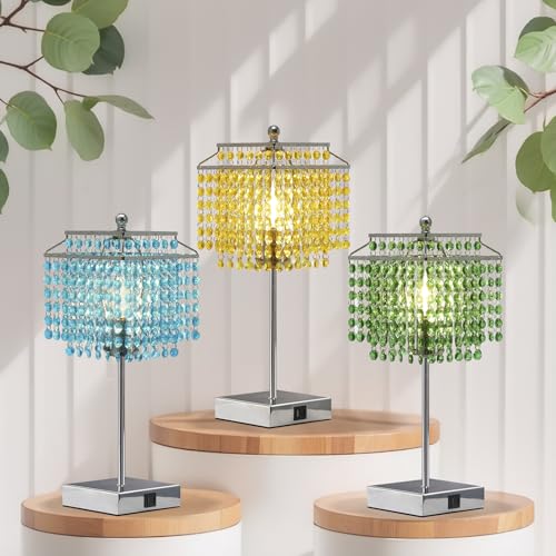 Luvkczc Crystal Table Lamp with Touch Control, Bedside Crystal Table Lamp with USB C+A Ports, Dimmable Lamp for Girls Bedroom, Living Room, Light Blue & B11 LED Bulb Included - color: Light Blue