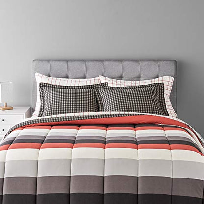 Amazon Basics Full/Queen Comforter Set with Plaid, Striped Sheets, 7-Piece Red Simple Stripe Bedding, Lightweight Microfiber Bed-in-a-Bag - color: Red Simple Stripe, size: Full/Queen, style: 1-Pack