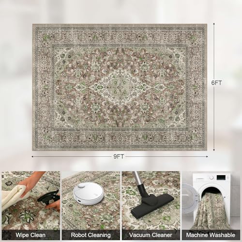 Green Washable Boho Area Rug, 6x9 Vintage Floral Non Slip Rugs for Living Room Bedroom, Soft Low Pile Indoor Mat, Aesthetic Pattern Carpet for Kitchen and Dining Room - color: Green, size: 6' x 9' (Rectangular)