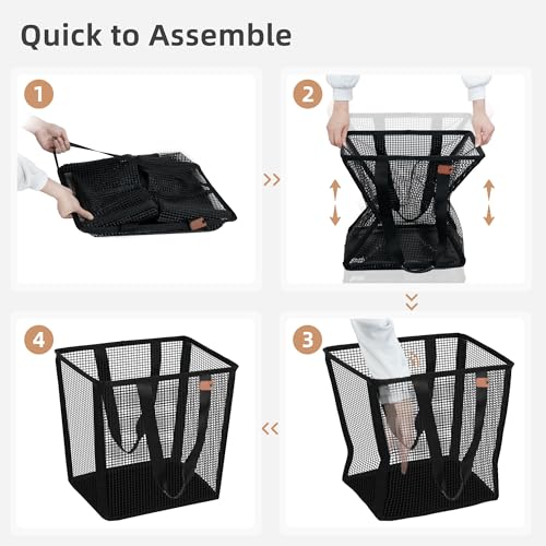 STORAGE MANIAC 접이식 세탁 바구니, 50L(16.9갤런) 긴 운반 손잡이가 있는 대형 팝업 세탁 바구니, 하단 탄성 밴드가 있는 공간 절약형 접이식 옷 바구니, 여행용 세탁 가방, 메시 블랙 - color: 메시 블랙.