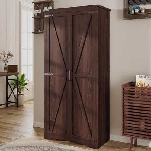 Befrases Farmhouse Storage Cabinet with Adjustable Shelves, Large Pantry Organize with 2 Barn Doors, Tall Freestanding Cabinet for Kitchen, Bathroom, Garage, Basement, Living, Utility Room, Brown - color: Brown, size: 1 Pack