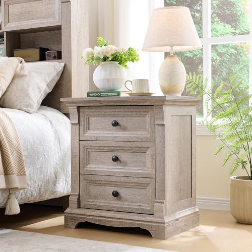 Farmhouse 26"H Night Stand Set of 2, 23.6"W End Table with Charging Station | Wood Side Table w/Roman Column, End Tables Living Room Set Of 2, Bedside Cabinet for Bedroom, Living Room, Light Rustic Oak - color: Light Rustic Oak, size: 23.6"W x 15.7"D x 26