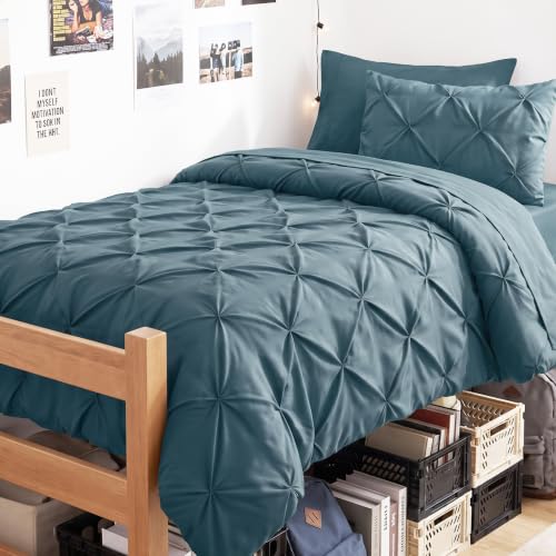 Twin Comforter Set Mineral Blue, 5 Pieces Pintuck Bed in a Bag | College Dorm Essentials, OEKO-TEX 100 Certified, 240GSM All Season, Down-Alternative Comforter, Sheets, Pillowcase & Sham - color: Mineral Blue, size: Twin