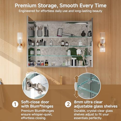 36" x 30" Bathroom Medicine Cabinet with Mirror, Recessed or Wall Mount | Medicine Cabinets with Adjustable Glass Shelves, Soft-Closed Hinge, Chrome Aluminum Frame, Reverse Installation - size: 36" x 30"