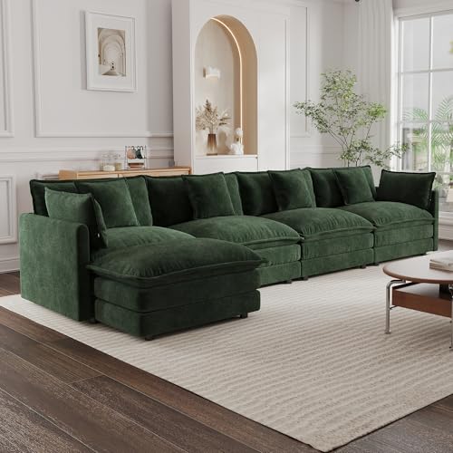 Modular Sectional Sofa, 146.5 Inch L Shaped Couch Set for Living Room, 4-Seater Comfy Cloud Couches with Movable Ottoman, DIY Combination, Chenille, Evergreen - color: Evergreen, size: 146.5 Inch- L
