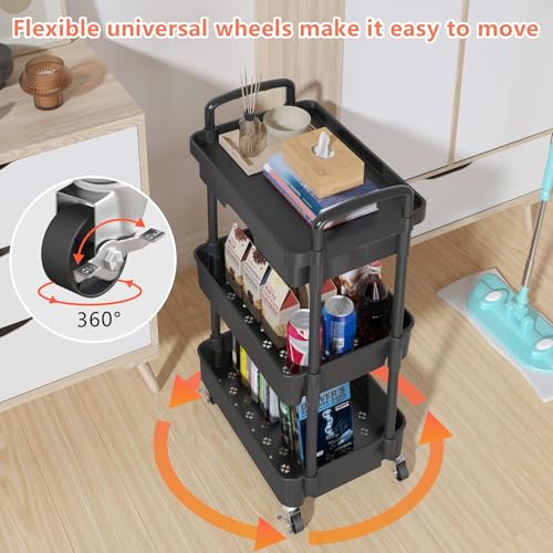 Calmootey 3-Tier Rolling Utility Cart with Drawer,Multifunctional Storage Organizer with Plastic Shelf & Metal Wheels,Storage Cart for Kitchen,Bathroom,Living Room,Office,Black | Space-Saving Organizer, Sturdy Plastic Shelves, Smooth-Rolling Metal Wheels,