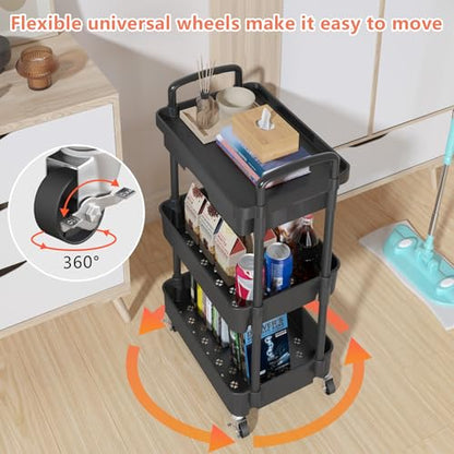 Calmootey 3-Tier Rolling Utility Cart with Drawer,Multifunctional Storage Organizer with Plastic Shelf & Metal Wheels,Storage Cart for Kitchen,Bathroom,Living Room,Office,Black | Space-Saving Organizer, Sturdy Plastic Shelves, Smooth-Rolling Metal Wheels,