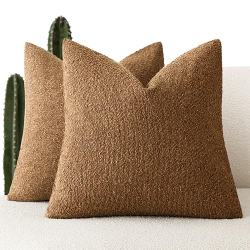 Foindtower Set of 2, Decorative Textured Boucle Throw Pillow Covers Accent Solid Pillow Cases Neutral Soft Cozy Couch Cushion Case for Chair Sofa Bedroom Living Room Home Decor 16x16 Inch Hazel Brown - color: Sugar Almond, size: 16" x 16" (Pack of 2)