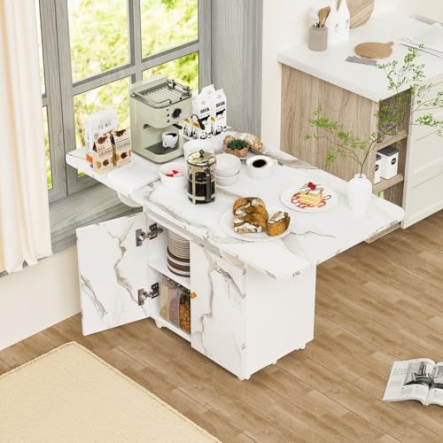 Folding Dining Table for 4-6 with Storage Rack and Cabinet, White Marble Color Kitchen Island, Versatile Space-Saving Table - color: White (Table Only)