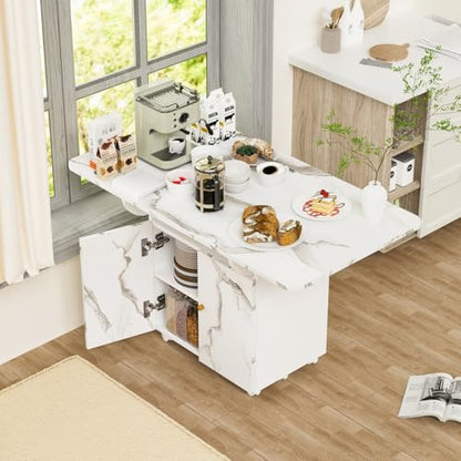 Folding Dining Table for 4-6 with Storage Rack and Cabinet, White Marble Color Kitchen Island, Versatile Space-Saving Table - color: White (Table Only)