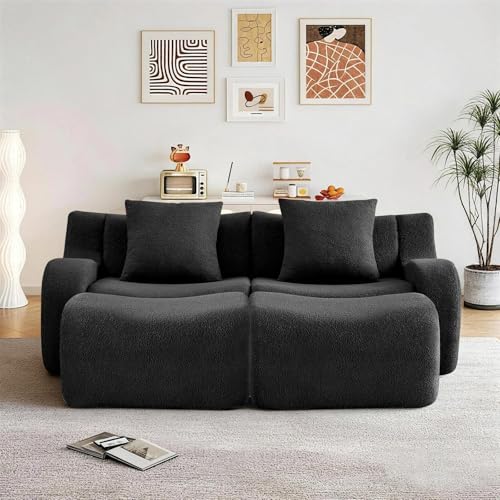81.7” Sectional Boneless Sofa Couches, 2 Seater U-Shaped, Streamlined Design, No Assembly Modular Teddy Fabric Sofa for Living Room, Bedroom, Apartment, Home Office (Black) - color: Black02, size: 2Seat+2Ottoman