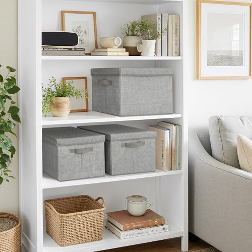 GRANNY SAYS Fabric Boxes with Lids, Storage Bins with Handles, Shelf Bins for Organizing, Extra Large Storage Boxes for Linens Clothes, Decorative Storage Containers, Gray, 3-Pack | Storage Box with Dust Cover, Handles & Lable, Collapsible, Ideal for Clos