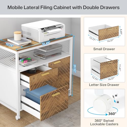 Tribesigns Modern File Cabinet with Drawers for Letter-Sized File and Door, lateral Filing Cabinet Printer Stand with Storage Shelves and with Rolling Caster for Home Office - color: Rustic