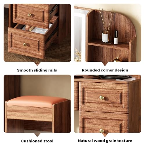 Arulvmrn 43" Makeup Vanity Desk with Mirror and Lights, & Power Outl, Glass Top Big Vanity Table with 9 Drawers& 8 Storage Shelves, Dressing Table Set with Chair for Bedroom, Walnut - color: Walnut