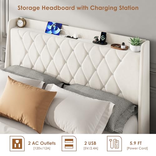 Garvee Queen Bed Frame with Storage, Velvet Upholstered Platform Bed Frame with Crystal Tufted Headboard, Charging Station, 2 Drawers, No Box Spring Needed, Noise-Free,for Bedroom, Ivory | Velvet Upholstered Platform Bed Frame with Crystal Tufted Headboar