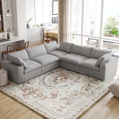 120" Cloud Modular Sofa, Convertible Modular V-Shaped Couch with Storage Ottoman, Cotton Linen Fabric Sofa for Living Room, Apartment and Bedroom, Removable Covers, 2 Pillows, Grey - color: Grey, size: V-Shape