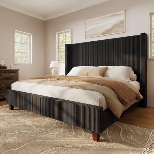 Queen Szie Bed Frame with 50.8 Inch Corduroy Wingback Headboard, Black | Modern Upholstered Platform Bed, Solid Wood Slats, No Box Spring Needed, Noise-Reducing Design - color: Black, size: Queen