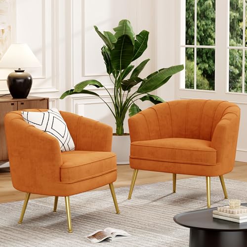 Velvet Accent Chair Set of 2, Barrel Armchair, Orange | Velvet Upholstery, Golden Metal Legs, Comfy Barrel Back, Modern Style, Living Room Bedroom Office - color: Orange, size: 2 Chairs
