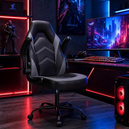 Sweetcrispy Computer Desk Chair, Lumbar Support Video Game Chair PU Leather | PU Leather Flip-up Armrest, Height Adjustable, 360 Swivel for Adults, Black Grey - color: Black Grey