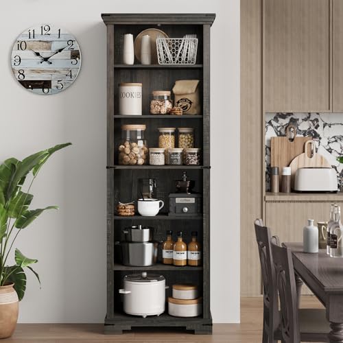 6-Tier Farmhouse Bookshelf, 73 inch Tall Book Shelf with Unique Design & 2 Adjustable Shelves, Wooden Bookshelf for Study Room, Living Room, Kitchen, Bedroom (Black) - color: Black, size: 6-tier
