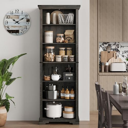 6-Tier Farmhouse Bookshelf, 73 inch Tall Book Shelf with Unique Design & 2 Adjustable Shelves, Wooden Bookshelf for Study Room, Living Room, Kitchen, Bedroom (Black) - color: Black, size: 6-tier
