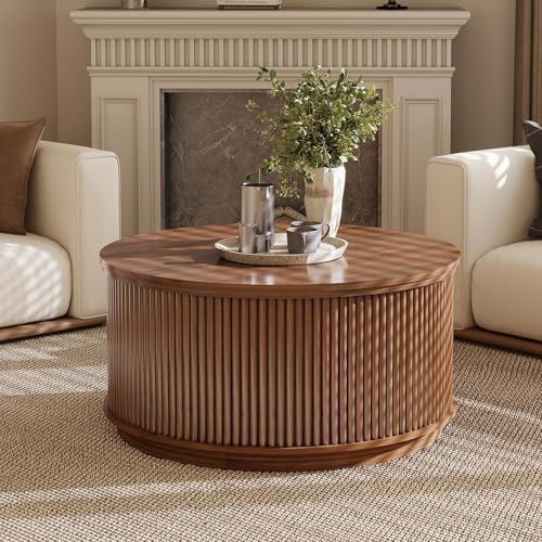 LYNCOHOME 31.5'' Fluted Flip Top Round Coffee Table with Storage, Circle Coffee Table, Modern Coffee Table for Living Room, Center Table for Living Room, Home Office, Dark Brown, Walnut