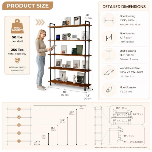 Industrial Bookshelf, Pipe Shelf Bookcase, 5 Tier, 48" Rustic Brown | Solid pine shelves, 48 inch wide, black pipe frame, 50 lbs per shelf, open bookcase for books, plants, office - color: Rustic Brown, size: 48"L × 70"H