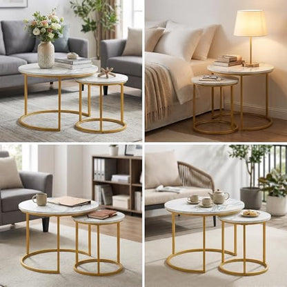 Round Nesting Coffee Table Set of 2, Stacking Minimalist End Table | Modern Marble Pattern Wooden Nesting Tables for Living Room Bedroom Small Space, White Top and Gold Leg - color: Glod Leg+white Top