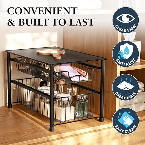 Simple Houseware Stackable Sliding Basket Organizer Drawer, Black, 2-Tier - color: Black, size: 2-tier