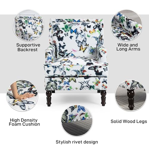Accent Chair, Modern Comfy Accent Chairs Lounge Arm Chair | Mid-Century Linen Upholstered Wingback with Solid Wood,Single Floral Pattern Sofa Chair for Living Room/Balcony/Bedroom - color: Sackcloth001-butterfly
