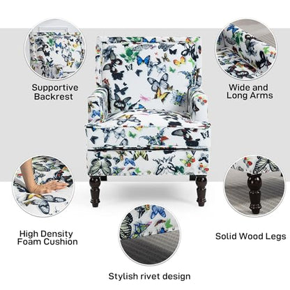 Accent Chair, Modern Comfy Accent Chairs Lounge Arm Chair | Mid-Century Linen Upholstered Wingback with Solid Wood,Single Floral Pattern Sofa Chair for Living Room/Balcony/Bedroom - color: Sackcloth001-butterfly