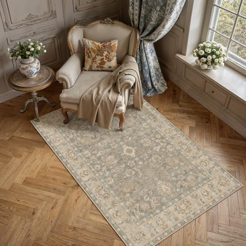 3x5 Brown Neutral Small Area Rug | Washable, Non Slip, Low Pile, Soft, Vintage, Distressed, Floral, Farmhouse, for Entryway Kitchen Bathroom Laundry Room - color: Brown, size: 3' x 5' (Rectangular)