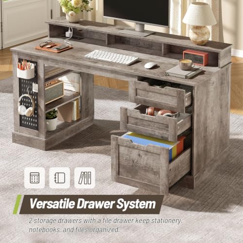 55-Inch Farmhouse Executive Desk with 2 Drawers and File Cabinet, Computer Desk with 3-Tier Storage Shelves, Home Office Desk with Charging Station, Pegboard and Monitor Shelf, Gray - color: Grey
