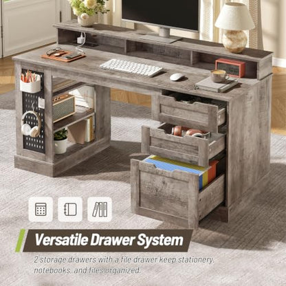 55-Inch Farmhouse Executive Desk with 2 Drawers and File Cabinet, Computer Desk with 3-Tier Storage Shelves, Home Office Desk with Charging Station, Pegboard and Monitor Shelf, Gray - color: Grey