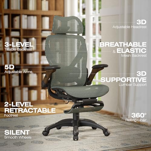 X100 Ergonomic Mesh Office Chair with Footrest, Big and Tall Home Desk Chair with 5D Flip-Up Arms, Adjustable 3D Lumbar Support, Gaming & Executive Computer Chair (Forest Ranger) - color: Forest Ranger