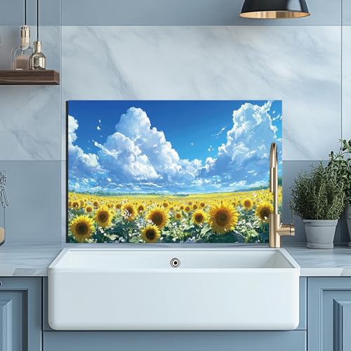 Evgosm Tempered Glass Backsplash for Kitchen， Stove Splashback, sunflower Glass Backsplash, Easy to Install and Clean, Used for Kitchen Wall Protection and Decoration. (30x24'') - size: 30"L x 24"W