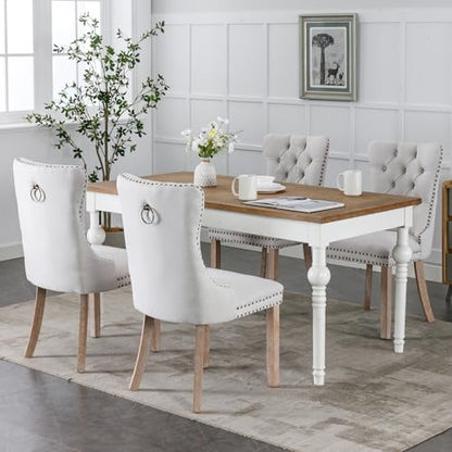 Beige-White Dining Chairs Set of 8, Tufted Kitchen & Dining Room Chairs | Eight Fabric Tufted Dinning Chairs, Linen Upholstered, Wing Back, Metal Pull Ring, Wood Frame, Mid Century Modern - color: A-2 Beige Linen, Wood Legs, size: 8