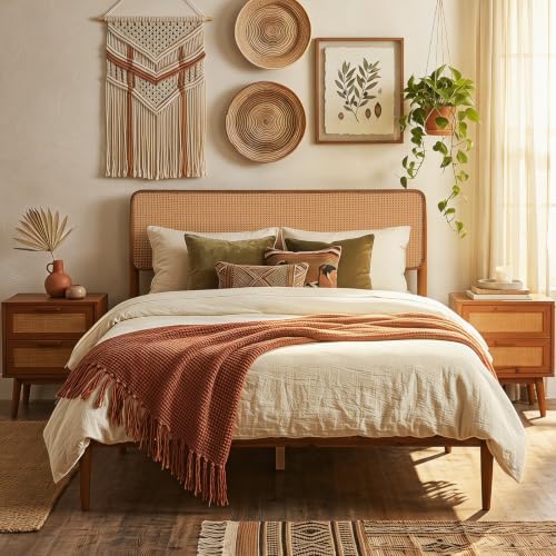 Giantex Wooden Bed Frame Full Size, Rattan Headboard Platform Bed (Full) | Wooden Slat Support, Acacia Wood Mattress Foundation No Box Spring Needed - size: Full
