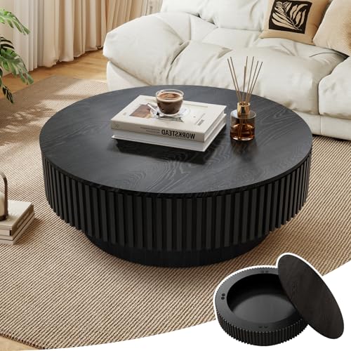 39.37'' Round Coffee Table with Storage, Modern Wooden Fluted Circle Coffee Table Unique Drum Center Table Wood Circular Tea Table for Living Room, Small Apartment, Office, Black - color: Storage Black, size: 39.37 inch