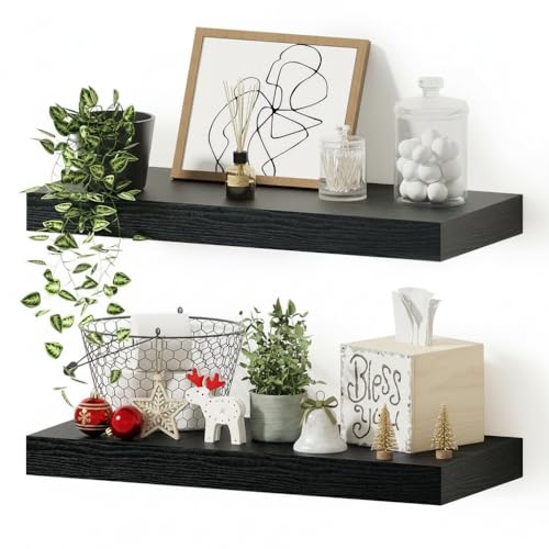 Vivelove Black Bathroom Shelves Over Toilet, 16" Floating Shelves, Wall Shelf for Bathroom Bedroom, Living Room, Kitchen, Office Home Decor, Narrow Shelves with Invisible Brackets Set of 2 - color: Black, size: 16”Wide