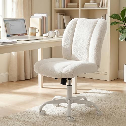 Vanity Chair with Wheels, Armless Office Chair Height Adjustable, Cute Desk Chair with Soft Lumbar Support for Small Space, Bedroom, Make-up Room, White - color: White