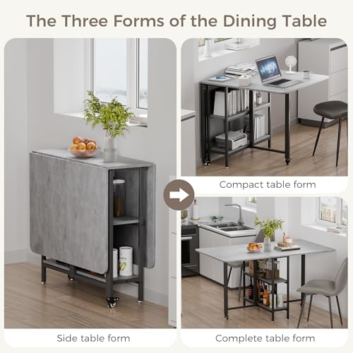 Mondeer Folding Dining Table, Drop Leaf Dining Table for Saving Space with Wheels and 2-Layer Storage Shelf, Modern Kitchen Table for Living Room, 55.1" W x 31.5" D x 29.5" H, Grey