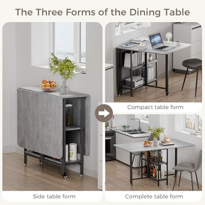 Mondeer Folding Dining Table, Drop Leaf Dining Table for Saving Space with Wheels and 2-Layer Storage Shelf, Modern Kitchen Table for Living Room, 55.1" W x 31.5" D x 29.5" H, Grey