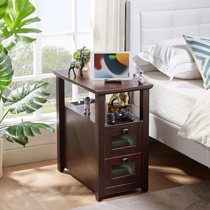HDDDZSW Farmhouse XXL End Table with Charging Station, Narrow Side Table with USB Ports and Outlets, Nightstand with 2 Drawers Storage, Bedside Tables for Living Room, Bedroom, Rustic Cherry | Farmhouse Narrow Side Table with USB Ports and Outlets, Nights