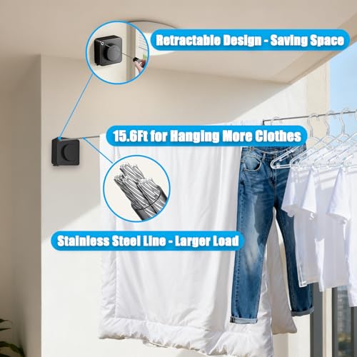 Retractable Clothesline, Non-Sagging Wall Mounted Laundry Line, Space-Saving Stainless Steel Clothes Line, Heavy Duty Drying Rack 15.6 Ft for Apartment, Dorms, RV & Travel (Black) - color: Black