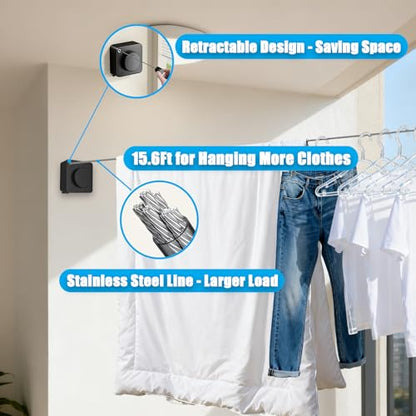 Retractable Clothesline, Non-Sagging Wall Mounted Laundry Line, Space-Saving Stainless Steel Clothes Line, Heavy Duty Drying Rack 15.6 Ft for Apartment, Dorms, RV & Travel (Black) - color: Black