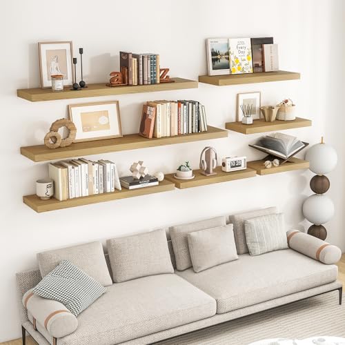 RICHFOCUS 72Inch Floating Shelves for Wall 1 Pack Shelves for Bedroom|Kitchen|Bathroom Wall Mounted Rustic Wood Floating Shelf with Invisible Brackets for Books|Storage|Decor, Oak - color: Oak, size: 72"L x 8"D, Set of 1